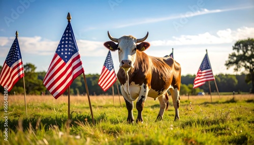 Cow with American Flags, Pasture, and Summer.