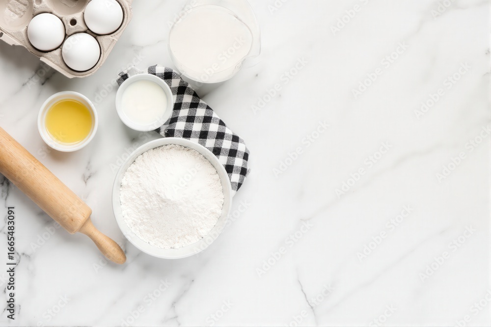 Fototapeta premium Baking Ingredients Arranged on a Marble Surface