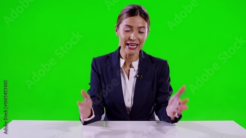 Female news anchor presenting information at a desk with a green screen background