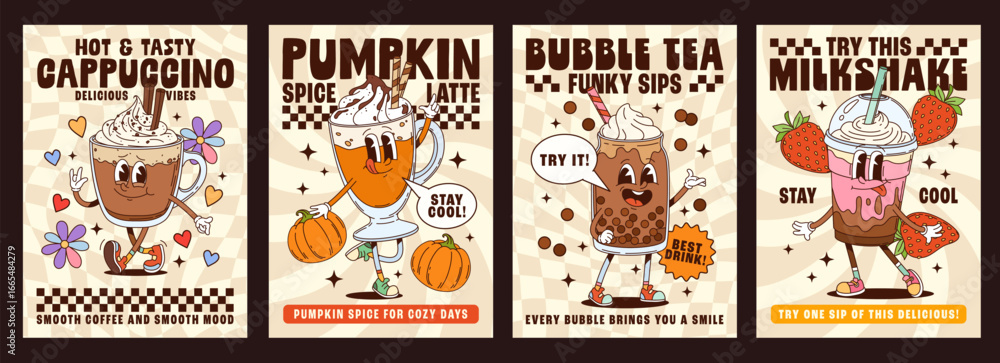 Fototapeta premium Cartoon groovy coffee and milkshake drinks characters with funny faces, vector posters. Groovy dessert drink characters of cappuccino and pumpkin latte with bubble tea and milkshake on groovy posters