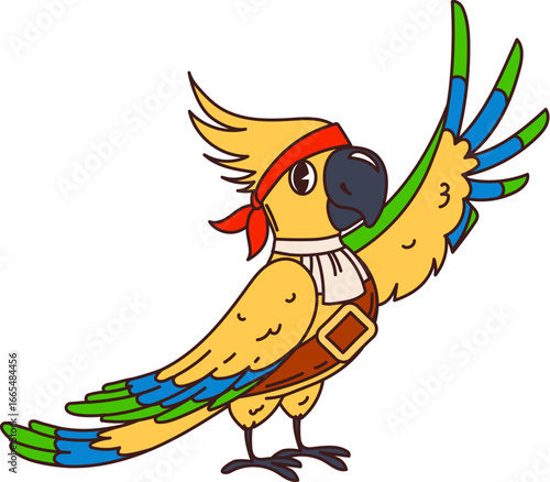 Cartoon funny parrot bird pirate animal character waves a wing. Isolated vector feathered corsair personage with red bandana, ready for high seas nautical adventures and searching hidden treasures