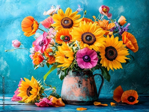 Vibrant Summer Sunflowers and Poppies in Rustic Jug