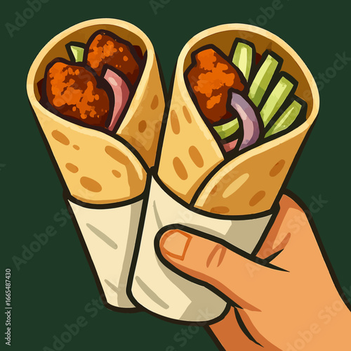 Delicious  kathi roll chicken shawarma wraps held in hand, ready to savor authentic street food flavors in every bite, perfect for foodies and culinary adventures