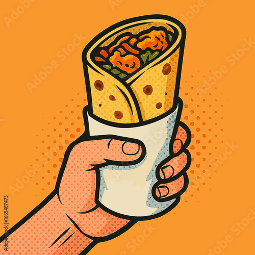 Delicious kathi roll chicken shawarma wrap in hand, perfect for fast food advertising, restaurant promotions, and vibrant culinary content, taste the flavor!