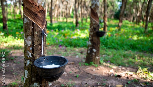 A close-up view of a rubber tree, exhibiting milky latex dripping into a collection bowl, amidst a lush green plantation.