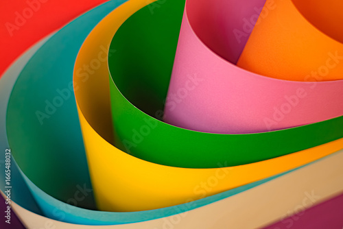 Close-up of colorful sheets of paper rolled into curves. Creating a vibrant abstract composition. The bright tones of pink, green, yellow, orange and blue form a playful and artistic visual.