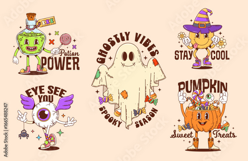 Halloween groovy characters stickers and t shirt prints. Vector playful cartoon ghost, potion bottle, candy pumpkin bucket, eyeball and smile retro characters emphasizing spooky fun and sweet treats