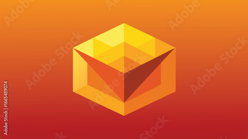 Orange and Red Gradient Background with Yellow 3D Cube Shape abstract geometric