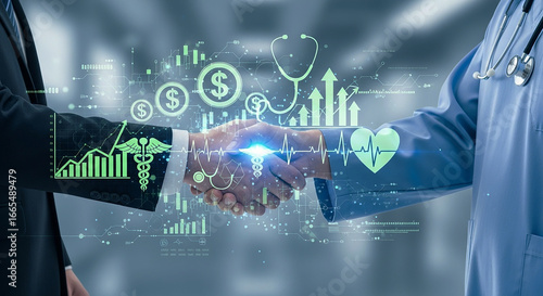 Businessperson and doctor shaking hands with a futuristic interface of medical and financial icons between them, symbolizing the business side of healthcare and medical investment