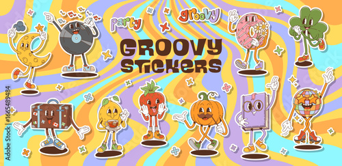 Cartoon groovy characters stickers pack. Vinyl record, donut, pumpkin, strawberry and suitcase, lemon, disco ball, clover and crescent moon on retro swirl background evoking party fun and nostalgia