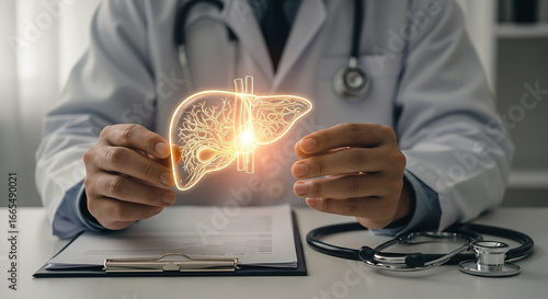 A doctor's hands hold a glowing, digital hologram of a human liver, symbolizing advanced medical technology, liver health, diagnosis, and treatment for gastrointestinal and liver disease