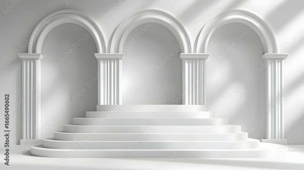 Fototapeta premium Elegant white architectural scene with symmetrical arches and columns, featuring multi tiered platform. soft lighting creates luxurious and serene atmosphere