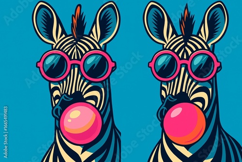 Two zebras with sunglasses blow pink gum on a blue background.