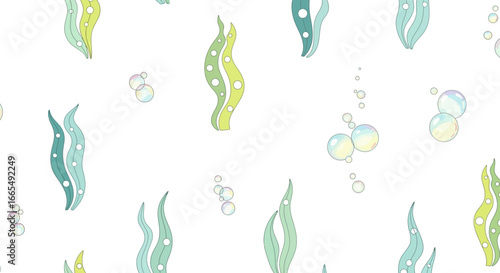 Seamless vector illustration of a repeating underwater world pattern with delicate green seaweed and floating colorful bubbles