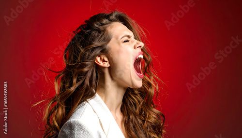 Portrait of a woman with flowing hair screaming loudly against a red background.