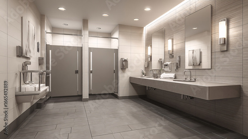 Contemporary accessible restroom with stainless steel grab bars, wide stall door