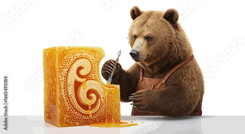 A focused bear, clad in an apron, meticulously carves an intricate swirling pattern into a substantial golden honeycomb block, demonstrating natural artistry and sweet dedication