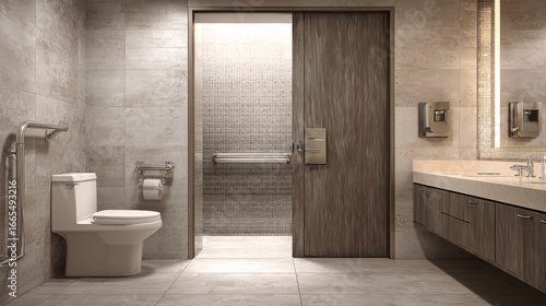 Modern inclusive bathroom interior featuring wide accessible stall door and sleek stainless grab bars