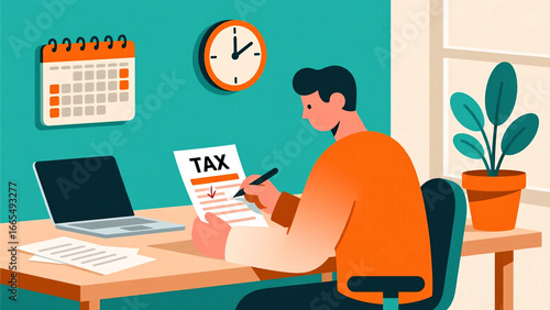 Man Filling Out Tax Form At Desk With Laptop And Calendar