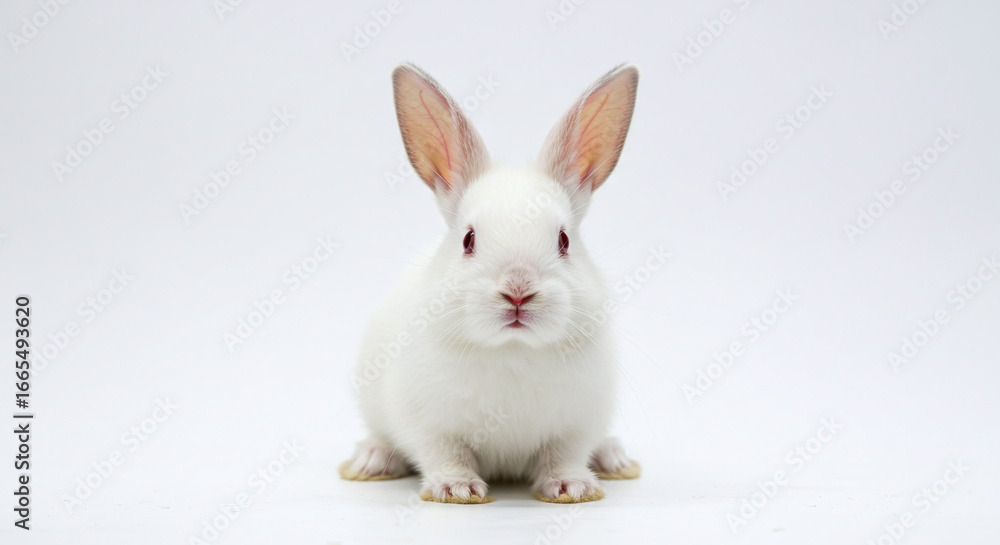 Obraz premium A white rabbit with pink eyes sitting upright on a white surface looking directly at the camera