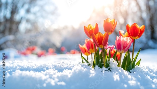 Vibrant tulips emerge from a bed of snow, bathed in the warm sunlight of a spring day.