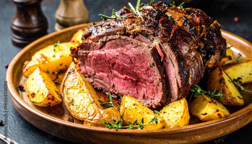 Obraz premium Alcatra Madeira Pot Roast Beef with Potatoes. Portuguese Fine Dining Food