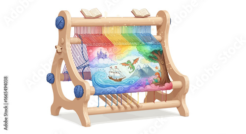 An illustration of a wooden weaving loom creating a colorful fantasy tapestry with a magical dragon, ship, and rainbow sky