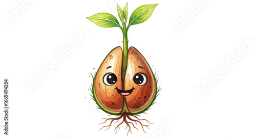 Charming illustration of a cute sprouting seed with a happy face, symbolizing new life, growth, and fresh beginnings on a white background