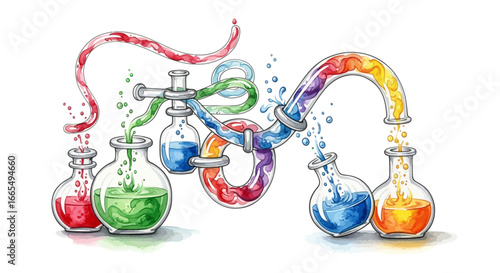 Imaginative watercolor concept illustrating the flow of creativity as a colorful chemical experiment in interconnected laboratory beakers