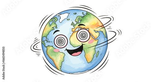 Whimsical illustration of a dizzy Earth with cartoon eyes spinning in circles, representing global disorientation or a planet overwhelmed by its own rotation