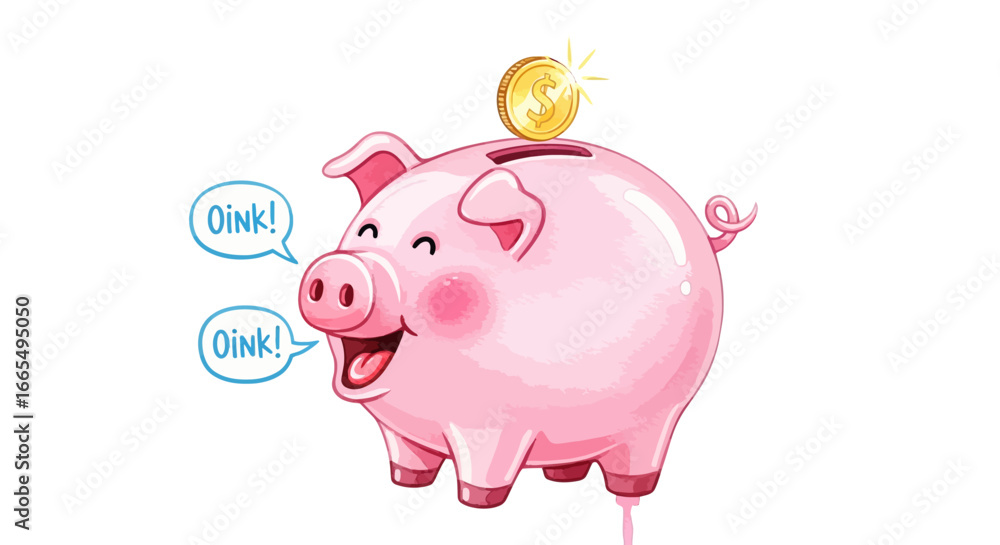 Fototapeta premium Artistic watercolor illustration of a cheerful pink piggy bank with a gold coin. A charming concept for savings, investment, and financial literacy