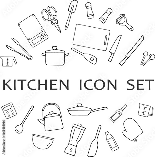 キッチン用品の線画アイコンセット　円デザイン　コピースペース