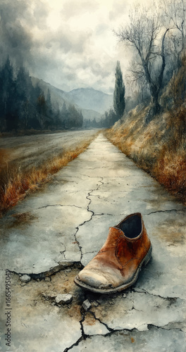 Abandoned Old Shoe on Cracked Rural Road, Moody Misty Landscape, Dramatic Surreal Autumn Nature Art, Loneliness Concept