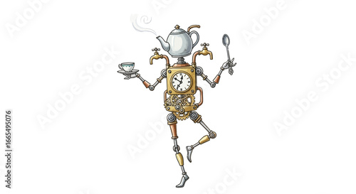 Whimsical clockwork teapot character with a spoon and teacup, balancing on one leg, steam rising