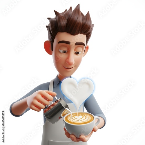 A cheerful cartoon barista expertly pours latte art, creating a heart-shaped design in the foam.