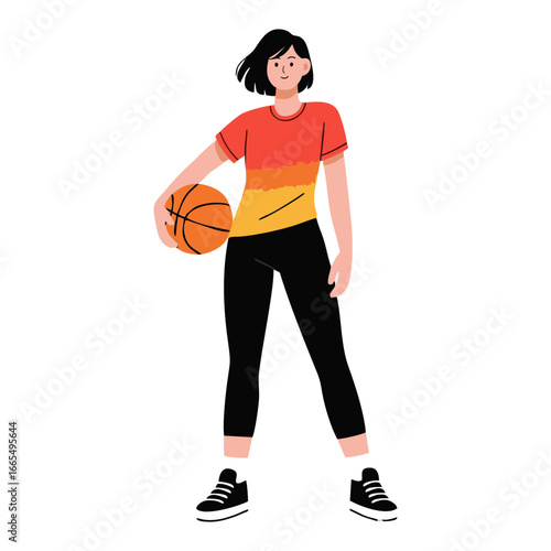 Ilustration : A woman is holding a basketball and wearing an orange and black striped shirt. She is standing on a white background.