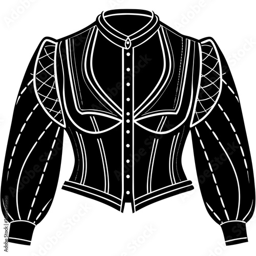 Women’s bolero jacket technical flat sketch, front and back view, vector fashion CAD drawing, isolated on white background