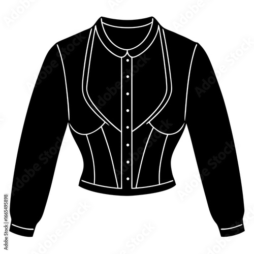 Women’s bolero jacket technical flat sketch, front and back view, vector fashion CAD drawing, isolated on white background