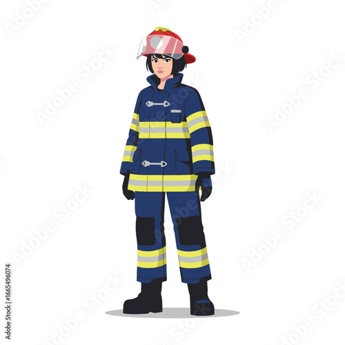Vector illustration of a female firefighter wearing a blue helmet and uniform in a dynamic pose on a white background.