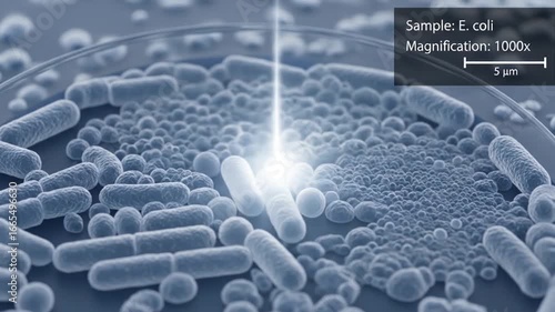 Microscopic View of E. coli Bacteria Colony at 1000x Magnification in a Petri Dish