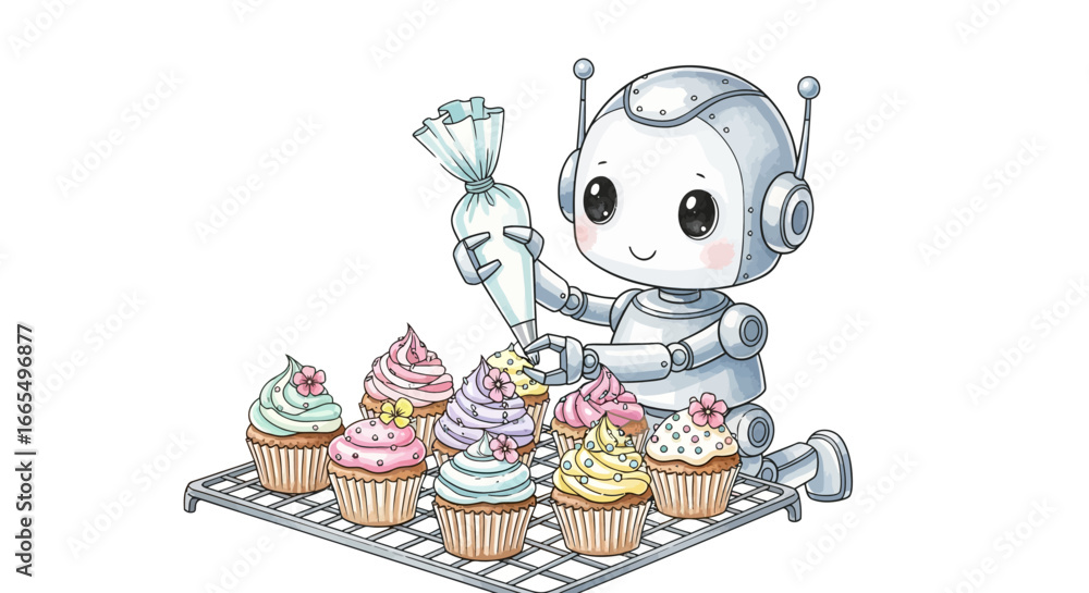 Naklejka premium Robot Chef Decorating Cupcakes A Whimsical Illustration for Baking Enthusiasts and Food Lovers