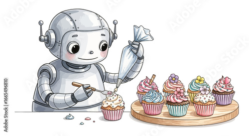 Robotic Baker A Whimsical Scene of Cupcake Decorating with Futuristic Charm