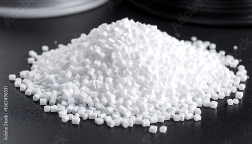 A pile of white plastic pellets sits on a dark surface.