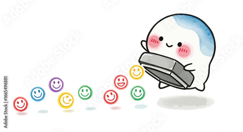 Cute Ghost Character Spreading Joy with Smiley Faces