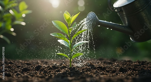 Young green plant being watered by a watering can in soft sunlight garden growth