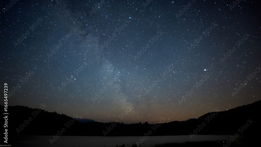 Fototapeta premium This image is a realistic photograph of a starry night sky over a dark landscape. The sky is a deep indigo to dark grey, heavily populated with countless stars.