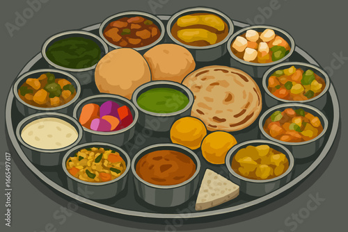 Authentic Indian thali platter, an assortment of vibrant curries, breads, and chutneys, a delicious and visually appealing culinary experience for food lovers