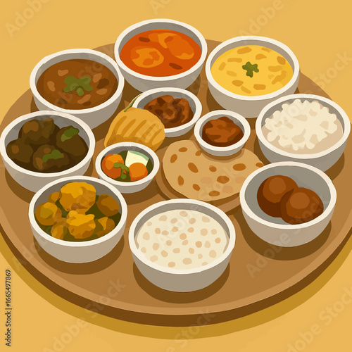 Authentic Indian thali featuring flavorful curries, rice, roti, and sweet treats, perfect for showcasing the richness of Indian cuisine and culinary traditions