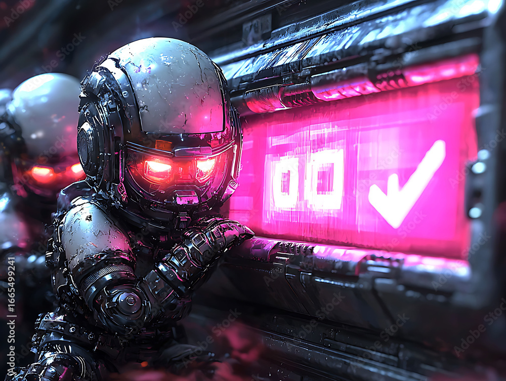 Fototapeta premium Cyberpunkstyle miniature robots interact with a glowing pink verification panel.
