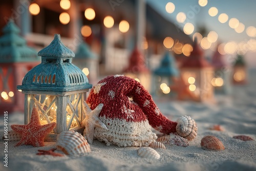 Beach holiday decor with Santa hat